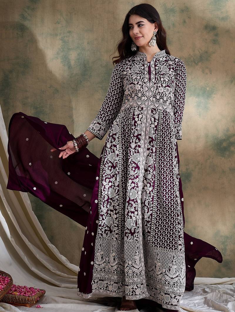 Saahmriga Purple Vichitra Silk Stitched Top With lehenga and Dupatta Full Sleeve Embroidered Lehenga With Kurta