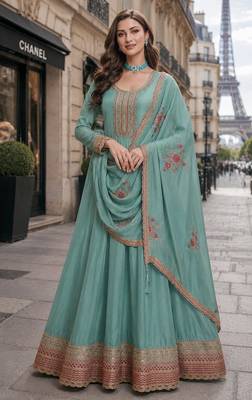 teal embroidered silk blend salwar suit 1