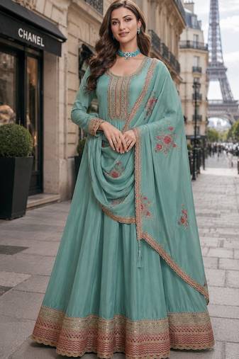 teal embroidered silk blend salwar suit