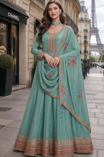 teal embroidered silk blend salwar suit