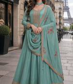 teal embroidered silk blend salwar suit