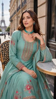 teal embroidered silk blend salwar suit 2