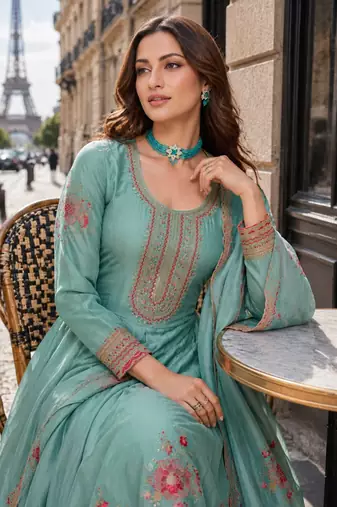 teal embroidered silk blend salwar suit