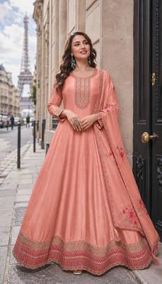 peach embroidered silk blend salwar suit 1