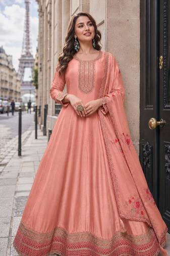 peach embroidered silk blend salwar suit