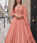 peach embroidered silk blend salwar suit