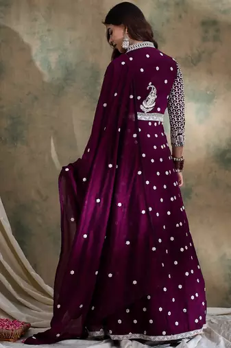 Saahmriga Purple Vichitra Silk Stitched Top With lehenga and Dupatta Full Sleeve Embroidered Lehenga With Kurta