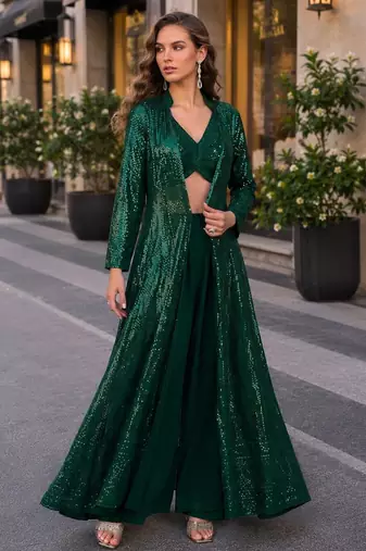 dark green embroidered faux georgette silk blend georgette salwar - free size