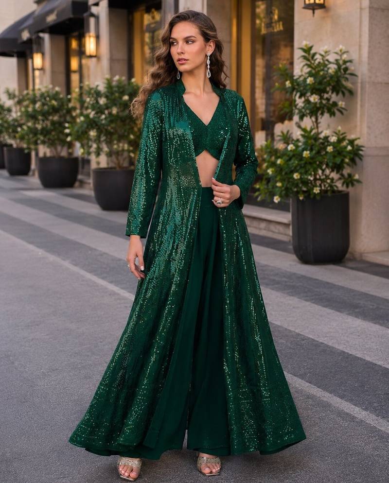 dark green embroidered faux georgette silk blend georgette salwar - free size