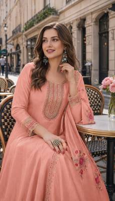 peach embroidered silk blend salwar suit 2
