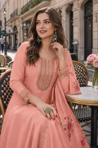 peach embroidered silk blend salwar suit