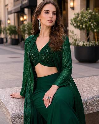 dark green embroidered faux georgette silk blend georgette salwar - free size 2