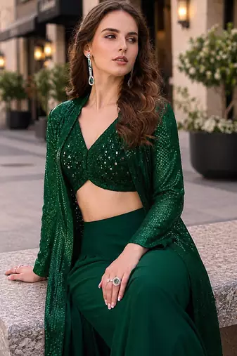 dark green embroidered faux georgette silk blend georgette salwar - free size