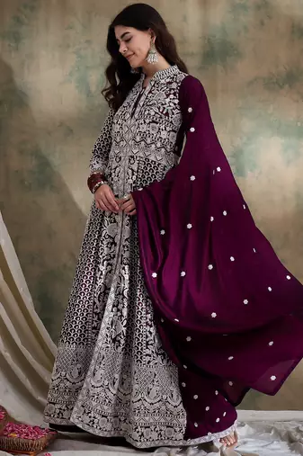 Saahmriga Purple Vichitra Silk Stitched Top With lehenga and Dupatta Full Sleeve Embroidered Lehenga With Kurta