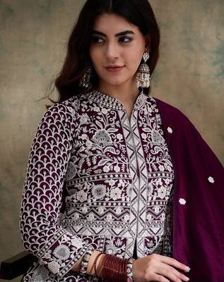Saahmriga Purple Vichitra Silk Stitched Top With lehenga and Dupatta Full Sleeve Embroidered Lehenga With Kurta 4