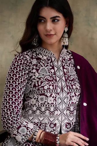 Saahmriga Purple Vichitra Silk Stitched Top With lehenga and Dupatta Full Sleeve Embroidered Lehenga With Kurta