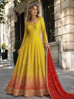 yellow embroidered faux georgette anarkali salwar suit - free size 1