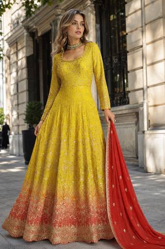 yellow embroidered faux georgette anarkali salwar suit - free size