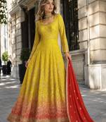 yellow embroidered faux georgette anarkali salwar suit - free size