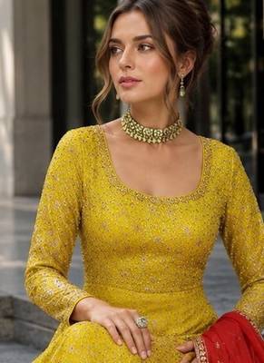 yellow embroidered faux georgette anarkali salwar suit - free size 2