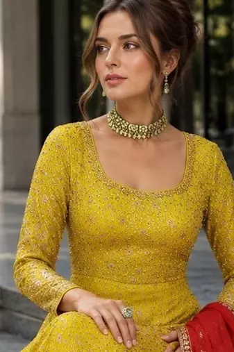 yellow embroidered faux georgette anarkali salwar suit - free size