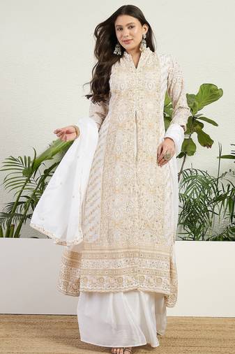 Saahmriga Off White Chinon Stitched Top With lehenga and Dupatta Full Sleeve Embroidered Lehenga Set