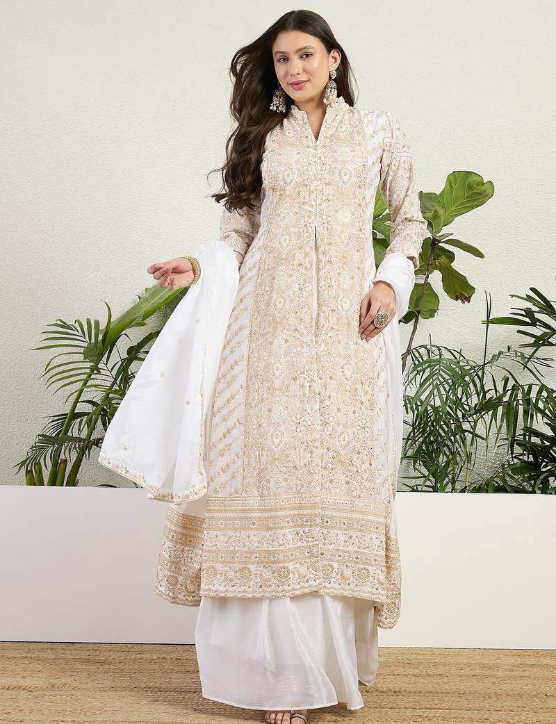 Saahmriga Off White Chinon Stitched Top With lehenga and Dupatta Full Sleeve Embroidered Lehenga Set