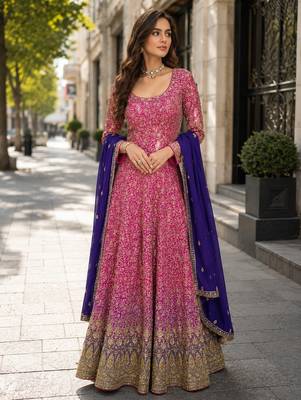 Pink embroidered faux georgette anarkali salwar suit - free size 1
