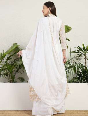 Saahmriga Off White Chinon Stitched Top With lehenga and Dupatta Full Sleeve Embroidered Lehenga Set 2