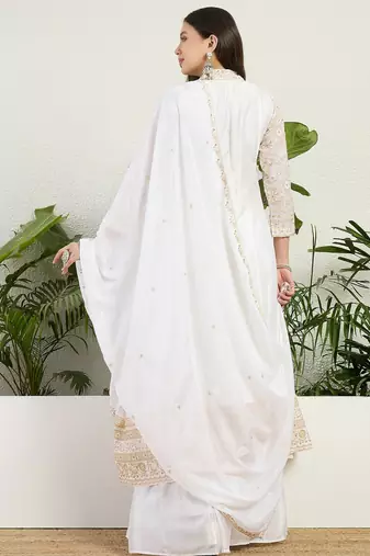 Saahmriga Off White Chinon Stitched Top With lehenga and Dupatta Full Sleeve Embroidered Lehenga Set