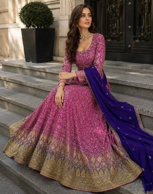 Pink embroidered faux georgette anarkali salwar suit - free size 2