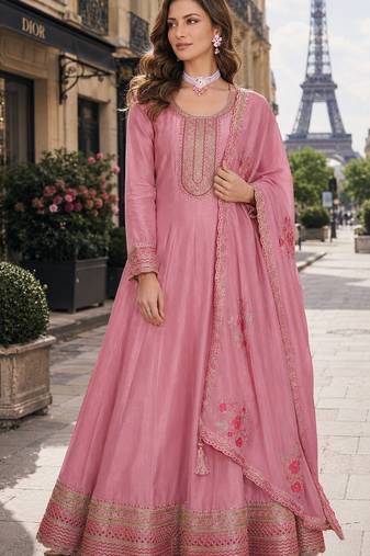 pink embroidered silk blend salwar suit
