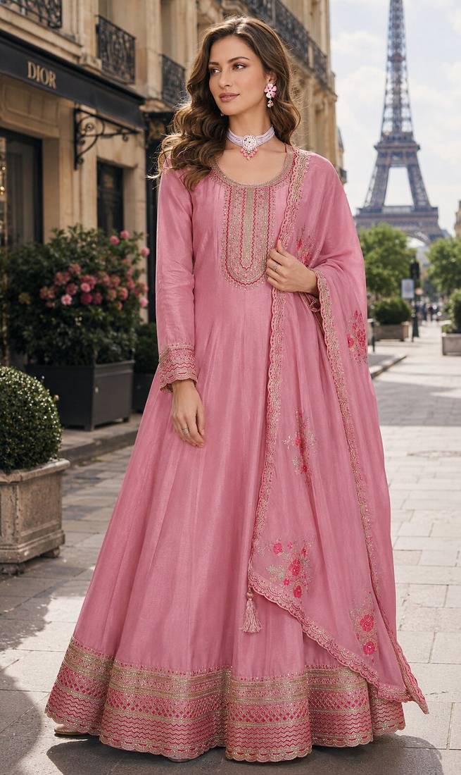 pink embroidered silk blend salwar suit