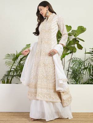 Saahmriga Off White Chinon Stitched Top With lehenga and Dupatta Full Sleeve Embroidered Lehenga Set 3
