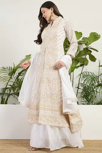 Saahmriga Off White Chinon Stitched Top With lehenga and Dupatta Full Sleeve Embroidered Lehenga Set