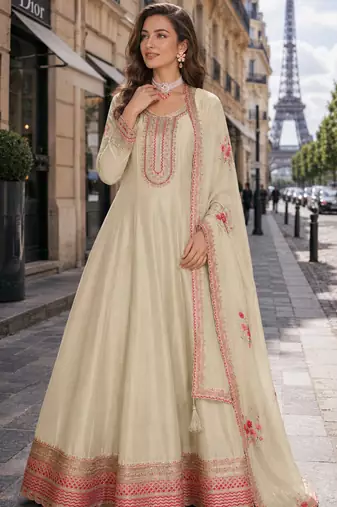 cream embroidered silk blend salwar suit