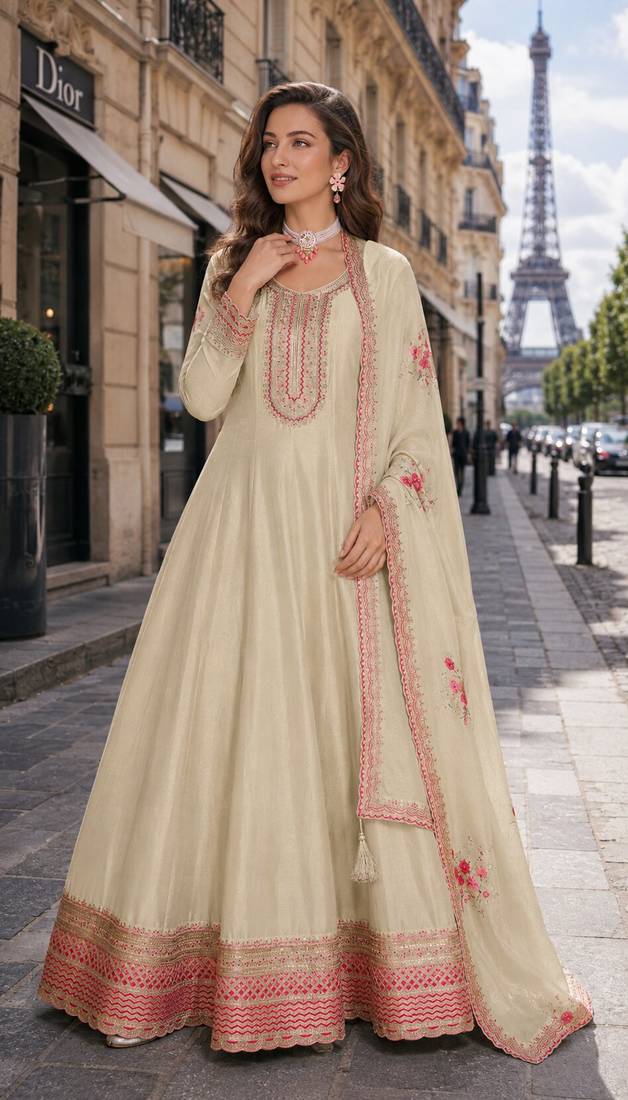 cream embroidered silk blend salwar suit