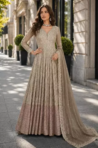 orange sequins georgette anarkali salwar suit - free size