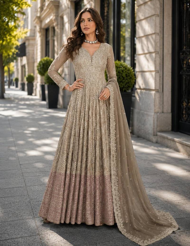 orange sequins georgette anarkali salwar suit - free size