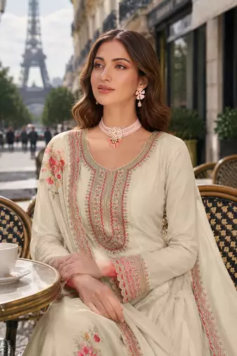cream embroidered silk blend salwar suit