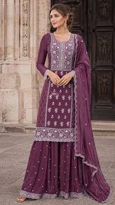 wine embroidered silk blend salwar suit 1