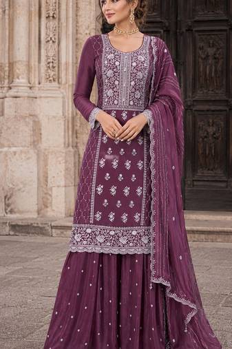 wine embroidered silk blend salwar suit