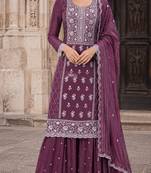 wine embroidered silk blend salwar suit