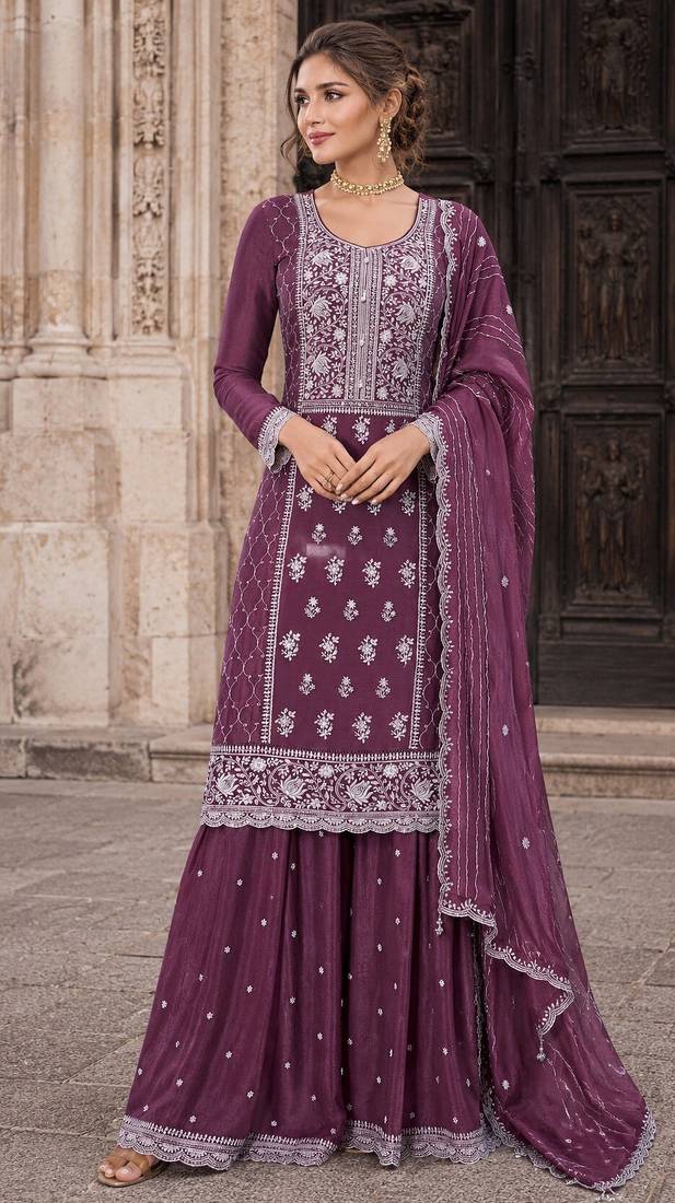 wine embroidered silk blend salwar suit