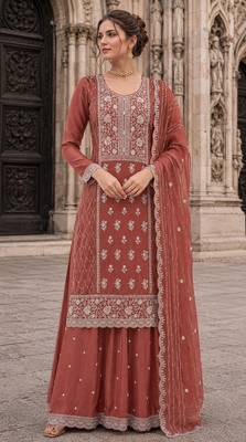 peach embroidered silk blend salwar suit 1