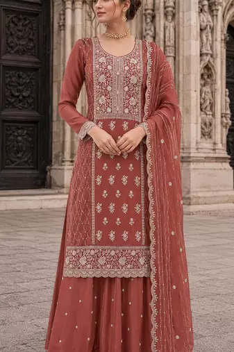 peach embroidered silk blend salwar suit