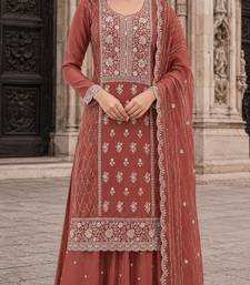 peach embroidered silk blend salwar suit