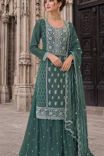 green embroidered silk blend salwar suit