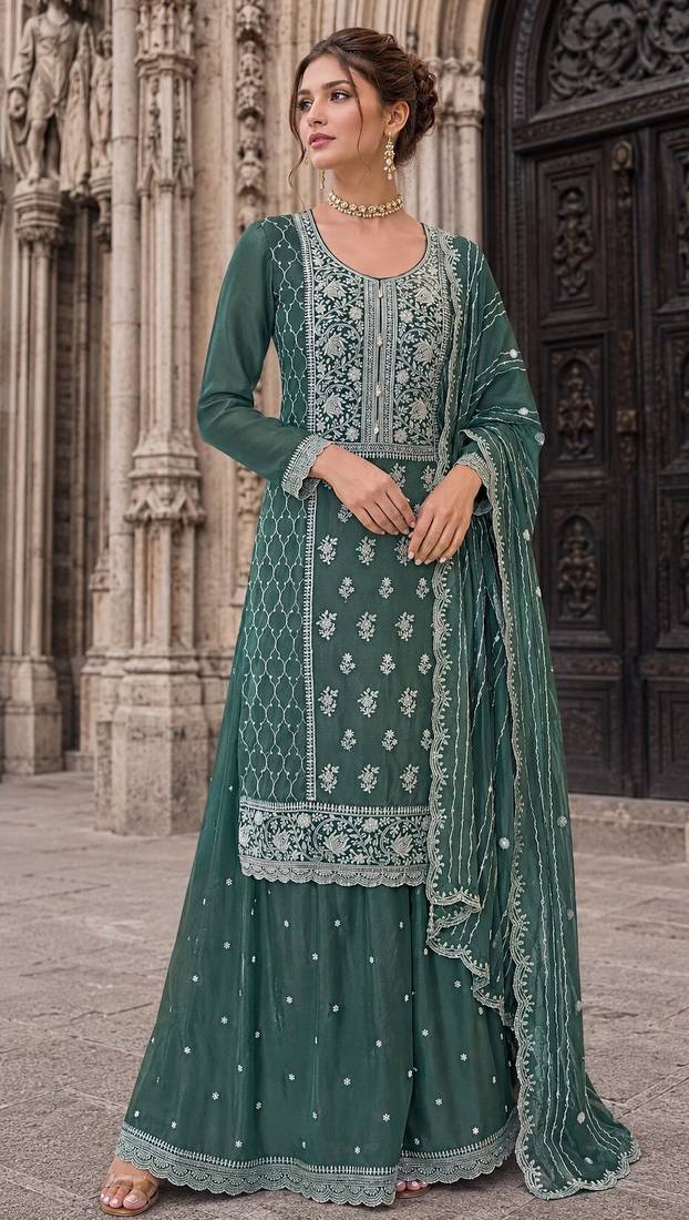 green embroidered silk blend salwar suit