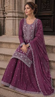 wine embroidered silk blend salwar suit 2